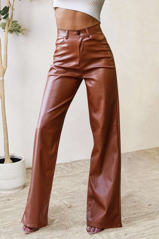 Buttoned Leather High Waist Pants with Pockets
